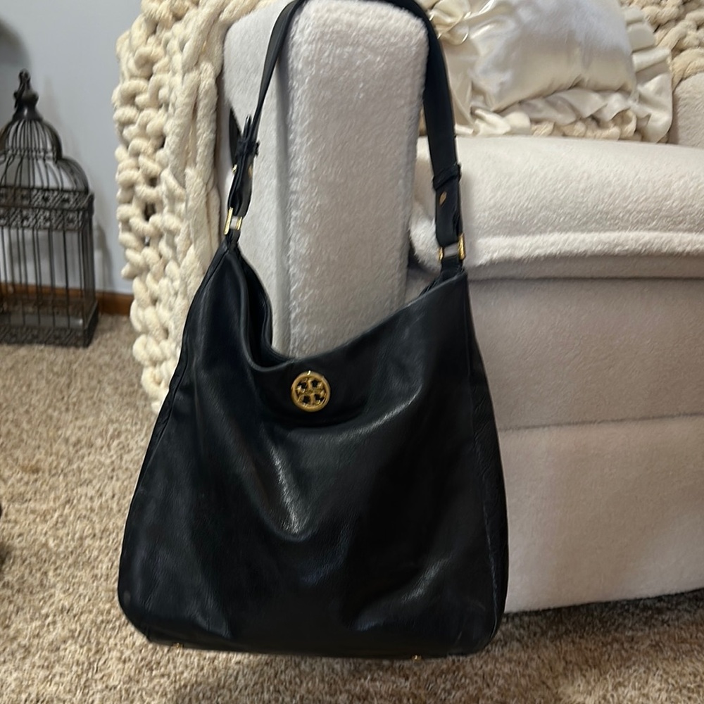 Tory Burch Black Leather Hobo Shoulder Bag with Gold Logo